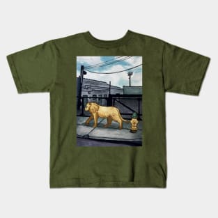 Lion walking in a city street Kids T-Shirt